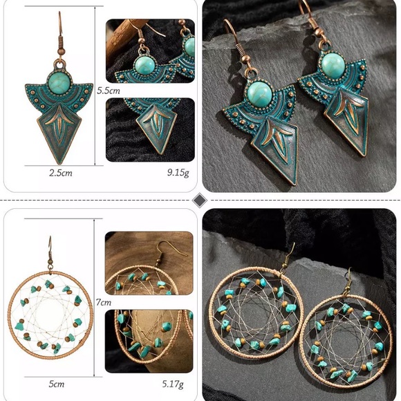 SOLD OUT Western Bohemian Turquoise Dream Catcher Earrings - Picture 3 of 3